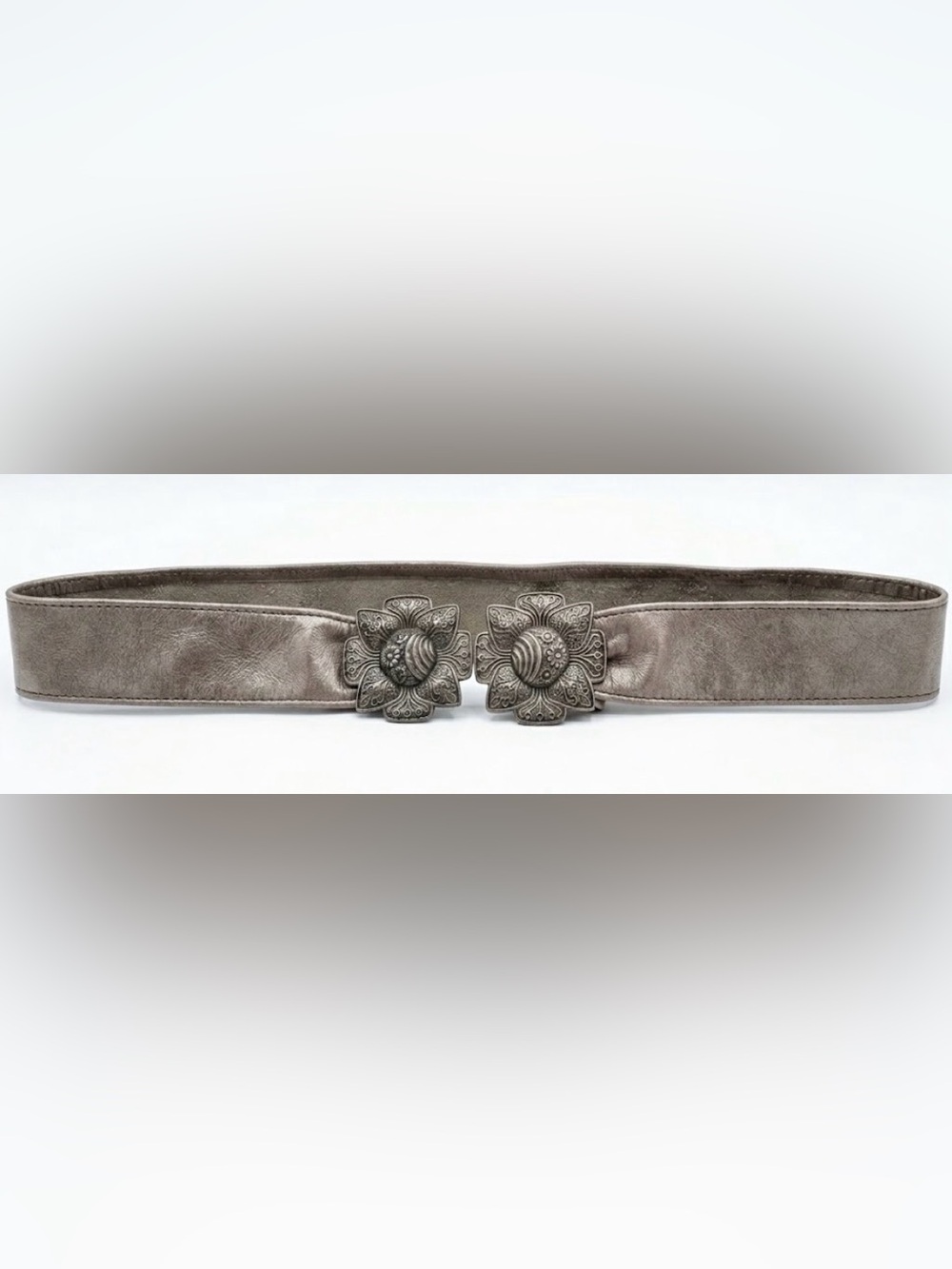 Vintage Metallic Pewter Grey Leather Belt Carved Floral Filigree Buckle Cinch: S